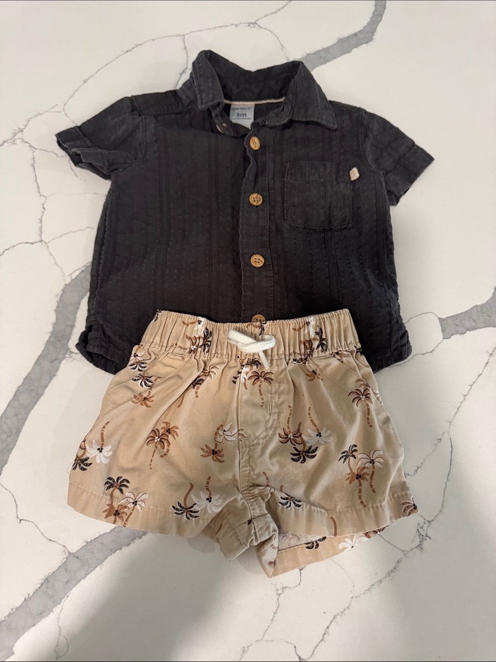 Carter’s gray Short-Sleeve Button Shirt and Tan Palm-Print Shorts Set